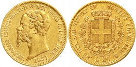 Ausländische Goldmünzen und -medaillen Italien-Sardinien Victor Emanuel II., 1849-1878
20 Lire 1851 FB, Adlerkopf, 6,45 g. 900/1000.
gutes sehr schö...