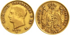 Ausländische Goldmünzen und -medaillen Italien-unter Napoleon Napoleon I., 1804-1814
20 Lire 1808 M. 6,45 g. 900/1000
sehr schön
