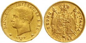 Ausländische Goldmünzen und -medaillen Italien-unter Napoleon Napoleon I., 1804-1814
20 Lire 1809 M. 6,45 g. 900/1000
sehr schön, winz. Randfehler...