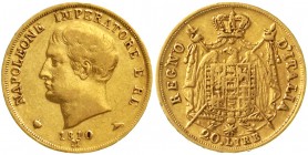 Ausländische Goldmünzen und -medaillen Italien-unter Napoleon Napoleon I., 1804-1814
20 Lire 1810 M. 6,45 g. 900/1000
sehr schön