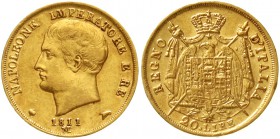Ausländische Goldmünzen und -medaillen Italien-unter Napoleon Napoleon I., 1804-1814
20 Lire 1811 M. 6,45 g. 900/1000
sehr schön