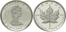 Ausländische Goldmünzen und -medaillen Kanada Britisch, seit 1763
5 Dollars PLATIN 1989. Ahornblatt, 1/10 Unze.
Polierte Platte