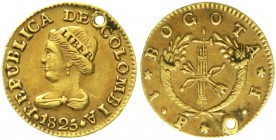 Ausländische Goldmünzen und -medaillen Kolumbien Republik Kolumbien, seit 1820
Peso 1825, Bogota. 1,6 g. 875/1000.
sehr schön, gelocht