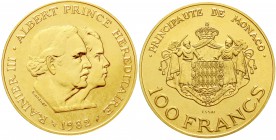 Ausländische Goldmünzen und -medaillen Monaco Rainer III., 1949-2005
100 Francs ESSAI 1982. Porträts von Fürst Rainer III. und Erbprinz Albert, mit Z...