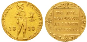 Ausländische Goldmünzen und -medaillen Niederlande Willem I., 1815-1840
Dukat 1818 Utrecht. 3,44 g.
sehr schön, Fassungsspuren