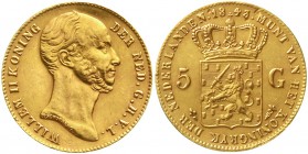Ausländische Goldmünzen und -medaillen Niederlande Wilhelm II., 1840-1849
5 Gulden 1843. 3,36 g. 900/1000. Auflage nur 1595 Ex.
vorzüglich, leicht b...