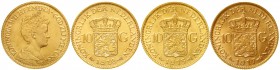 Ausländische Goldmünzen und -medaillen Niederlande Wilhelmina, 1890-1948
4 X 10 Gulden: 1911, 1912, 1913, 1917 (komplette Serie). Je. 6,73 g. 900/100...