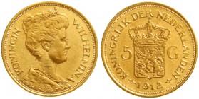 Ausländische Goldmünzen und -medaillen Niederlande Wilhelmina, 1890-1948
5 Gulden 1912. 3,36 g. 900/1000
gutes vorzüglich