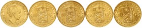 Ausländische Goldmünzen und -medaillen Niederlande Wilhelmina, 1890-1948
5 X 10 Gulden: 1925, 1926, 1927, 1932 und 1933 (komplette Serie). Je 6,73 g....