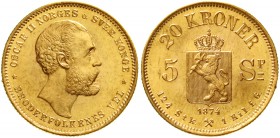 Ausländische Goldmünzen und -medaillen Norwegen Oscar II., 1872-1905
20 Kronen/5 Specie-Daler 1874. 8,96 g. 900/1000
fast Stempelglanz