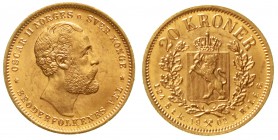Ausländische Goldmünzen und -medaillen Norwegen Oscar II., 1872-1905
20 Kronen 1902. 8,96 g. 900/1000
prägefrisch/fast Stempelglanz
