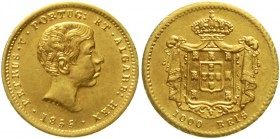 Ausländische Goldmünzen und -medaillen Portugal Pedro V., 1853-1861
1000 Reis 1855. 1,78 g. 917/1000.
gutes sehr schön, kl. Kratzer