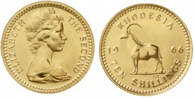Ausländische Goldmünzen und -medaillen Rhodesien Britisch, 1952-1980
10 Schillings 1966. Antilope. 3,99 g. 917/1000. Auflage nur 6000 Ex.
Polierte P...