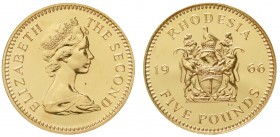 Ausländische Goldmünzen und -medaillen Rhodesien Britisch, 1952-1980
5 Pfund 1966. Wappen. 39,94 g. 916/1000. Auflage nur 3000 Ex.
Polierte Platte, ...