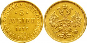 Ausländische Goldmünzen und -medaillen Russland Alexander II., 1855-1881
5 Rubel 1877 HI St. Petersburg
vorzüglich/Stempelglanz