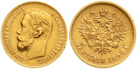 Ausländische Goldmünzen und -medaillen Russland Nikolaus II., 1894-1917
5 Rubel 1898, St. Petersburg. 4,3 g. 900/1000.
vorzüglich