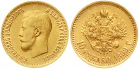 Ausländische Goldmünzen und -medaillen Russland Nikolaus II., 1894-1917
10 Rubel 1899, St. Petersburg. 7,74 g. Feingold
vorzüglich/Stempelglanz, Pra...