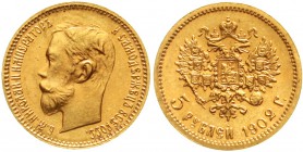 Ausländische Goldmünzen und -medaillen Russland Nikolaus II., 1894-1917
5 Rubel 1902, St. Petersburg. 3,87 g fein.
vorzüglich/Stempelglanz