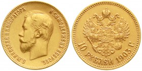 Ausländische Goldmünzen und -medaillen Russland Nikolaus II., 1894-1917
10 Rubel 1903, St. Petersburg. 8,6 g. 900/1000
vorzüglich, min. berieben