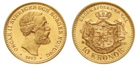 Ausländische Goldmünzen und -medaillen Schweden Oscar II., 1872-1907
10 Kronor 1883 EB LA. 4,48 g. 900/1000.
Erstabschlag/fast Stempelglanz, Prachte...