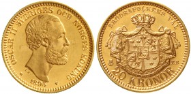 Ausländische Goldmünzen und -medaillen Schweden Oscar II., 1872-1907
20 Kronor 1895 EB LA 8,96 g. 900/1000. Besseres Jahr.
Stempelglanz/EA