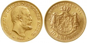 Ausländische Goldmünzen und -medaillen Schweden Oscar II., 1872-1907
10 Kronen 1901 EB. 4,48 g. 900/1000.
prägefrisch/fast Stempelglanz