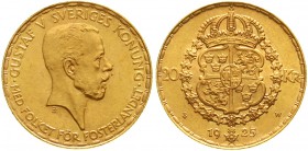 Ausländische Goldmünzen und -medaillen Schweden Gustav V., 1907-1950
20 Kronen 1925. 8.96 g. 900/1000
prägefrisch/fast Stempelglanz