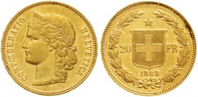 Ausländische Goldmünzen und -medaillen Schweiz Eidgenossenschaft, seit 1850
20 Franken 1888 B. Helvetia. Auflage nur 4224 Ex. 6,45 g. 900/1000.
sehr...