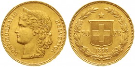 Ausländische Goldmünzen und -medaillen Schweiz Eidgenossenschaft, seit 1850
20 Franken 1895 B, Helvetia. 6,45 g. 900/1000.
gutes vorzüglich