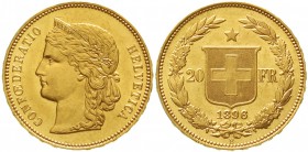 Ausländische Goldmünzen und -medaillen Schweiz Eidgenossenschaft, seit 1850
20 Franken 1896 B. Helvetia.
Erstabschlag, leicht berührt