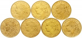 Ausländische Goldmünzen und -medaillen Schweiz Eidgenossenschaft, seit 1850
Komplette Serie von 7 verschiedenen 10 Franken Vreneli 1911 bis 1922. Der...