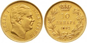 Ausländische Goldmünzen und -medaillen Serbien Milan Obrenovich, 1868-1889
10 Dinara 1882 V, Wien. 3,22 g. 900/1000.
gutes vorzüglich