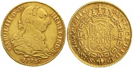 Ausländische Goldmünzen und -medaillen Spanien Carlos III., 1759-1788
4 Escudos 1773 CF Sevilla. 13,49 g.
sehr schön, winz. Randfehler, selten