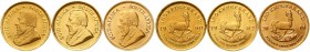 Ausländische Goldmünzen und -medaillen Südafrika Republik, seit 1962
3 X 1/10 Krügerrand (je 1/10 Unze Feingold): 1980, 1982, 2008. prägefrisch