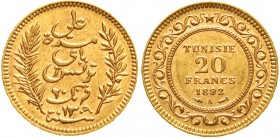 Ausländische Goldmünzen und -medaillen Tunesien Ali Bei, 1882-1902
20 Francs 1892 A. 6,45 g. 900/1000.
fast vorzüglich