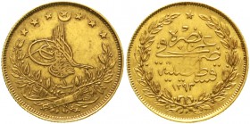 Ausländische Goldmünzen und -medaillen Türkei/Osmanisches Reich Murad V., 1876
100 Kurush AH 1293, Jahr 1 = 1876 Qustintiniyah 7,22 g. 917/1000. Aufl...