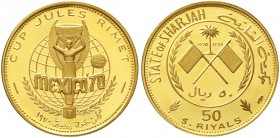 Ausländische Goldmünzen und -medaillen Vereinigte Arabische Emirate-Sharjah Khalid Bin Muhammad al Qasimi, 1965-1972
50 Riyals AH 1389 = 1970. Fußbal...