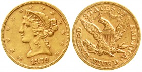Ausländische Goldmünzen und -medaillen Vereinigte Staaten von Amerika Unabhängigkeit, seit 1776
5 Dollars 1879, Philadelphia. Liberty. 8,36 g. 900/10...