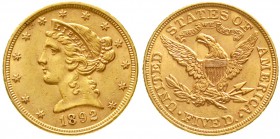 Ausländische Goldmünzen und -medaillen Vereinigte Staaten von Amerika Unabhängigkeit, seit 1776
5 Dollars 1892, Philadelphia. Liberty. 8,36 g. 900/10...
