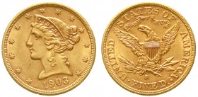 Ausländische Goldmünzen und -medaillen Vereinigte Staaten von Amerika Unabhängigkeit, seit 1776
5 Dollars 1903 S, San Francisco. Liberty. 8,36 g. 900...