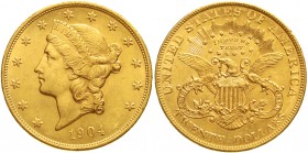 Ausländische Goldmünzen und -medaillen Vereinigte Staaten von Amerika Unabhängigkeit, seit 1776
20 Dollars 1904, Philadelphia. Coroned Head. 33,44 g....