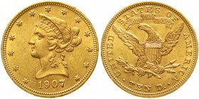 Ausländische Goldmünzen und -medaillen Vereinigte Staaten von Amerika Unabhängigkeit, seit 1776
10 Dollars 1907 Philadelphia. Coronet Head. 16,72 g. ...