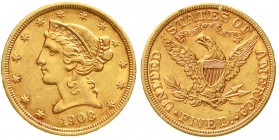Ausländische Goldmünzen und -medaillen Vereinigte Staaten von Amerika Unabhängigkeit, seit 1776
5 Dollars 1908, Philadelphia. Liberty. 8,36 g. 900/10...