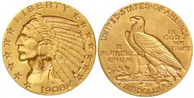 Ausländische Goldmünzen und -medaillen Vereinigte Staaten von Amerika Unabhängigkeit, seit 1776
5 Dollars 1908 D, Denver. Indianer. 8,36 g. 900/1000....
