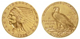 Ausländische Goldmünzen und -medaillen Vereinigte Staaten von Amerika Unabhängigkeit, seit 1776
2 1/2 Dollars 1925 D, Denver. Indianer. 4,18 g. 900/1...