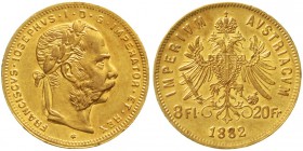 Gold der Habsburger Erblande und Österreichs Haus Habsburg Franz Joseph I., 1848-1916
8 Florin/20 Francs 1882. Wien. 6,45 g. 900/1000.
gutes sehr sc...