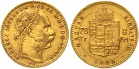 Gold der Habsburger Erblande und Österreichs Haus Habsburg Franz Joseph I., 1848-1916
8 Forint/20 Francs 1889 K.B für Ungarn. 6,45 g. 900/1000.
sehr...