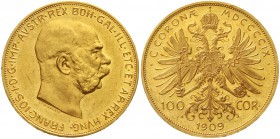 Gold der Habsburger Erblande und Österreichs Haus Habsburg Franz Joseph I., 1848-1916
100 Kronen 1909. 33,9 g. 900/1000.
fast vorzüglich, winz. Krat...