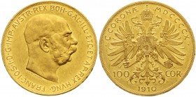 Gold der Habsburger Erblande und Österreichs Haus Habsburg Franz Joseph I., 1848-1916
100 Kronen 1910. 33,9 g. 900/1000.
sehr schön/vorzüglich, kl. ...