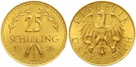 Gold der Habsburger Erblande und Österreichs Österreich 1. Republik, 1918-1938
25 Schilling 1926. 5,87 g. 900/1000.
vorzüglich/Stempelglanz